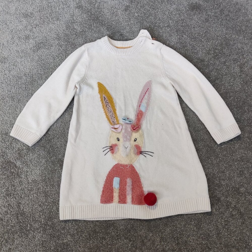 Mothercare Girls Sweater Dress Size 2-3 Years White Red Bunny Embroidered Easter